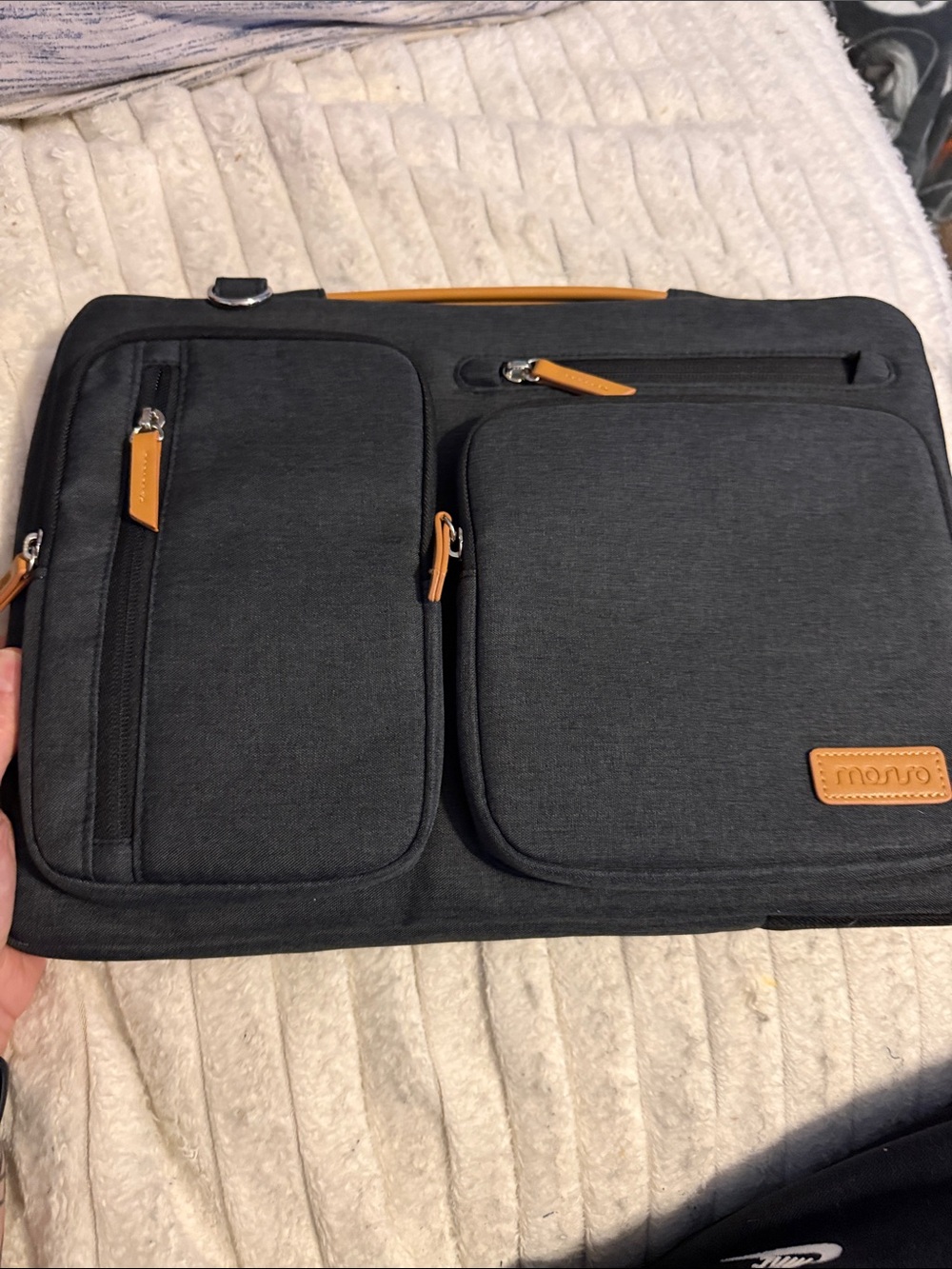 Men's Black Laptop Messenger Bag with Tan Trim